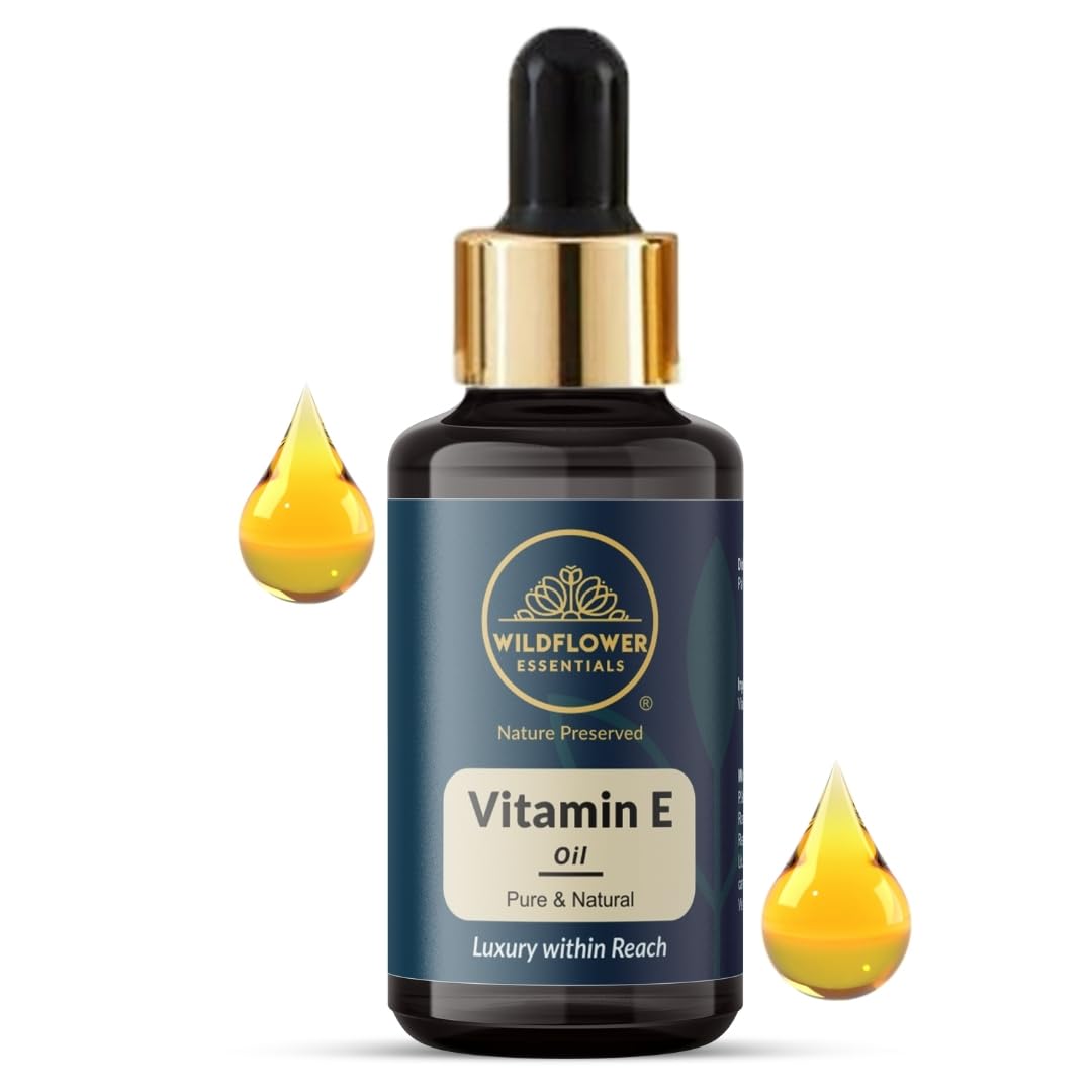 Wildflower Essentials Vitamin E Oil With Glass Dropper 100% Pure And Natural For Face Skin Hair Body 15Ml