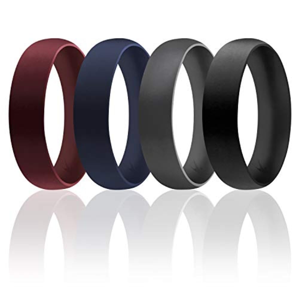 ROQ Silicone Wedding Ring For Men, Set of 4 Affordable Comfort Fit 6mm Manly Metallic Silicone Rubber Wedding Bands - Bordeaux, Blue, Silver, Grey - Size 13 (I0118107)