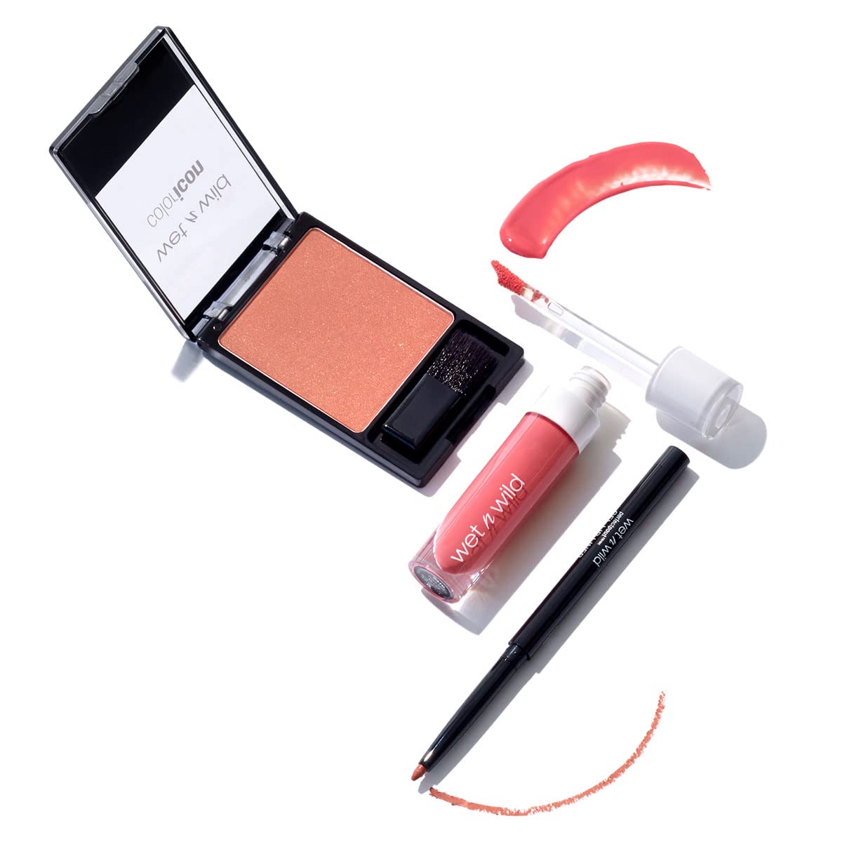 wet n wild Edit Makeup Set Peaches And Cream MegaLast Liquid Catsuit Peach Style, Color Icon Blush Pearlescent Pink, Perfect Pou