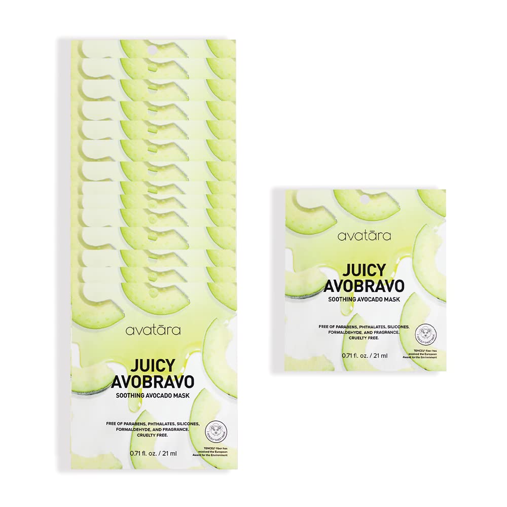 Avatara Juicy Avobravo Soothing Facial Mask 15 Sheets, Beauty And Skincare Sheet Masks, Avocado Extracts And Clean, Natural Ingr