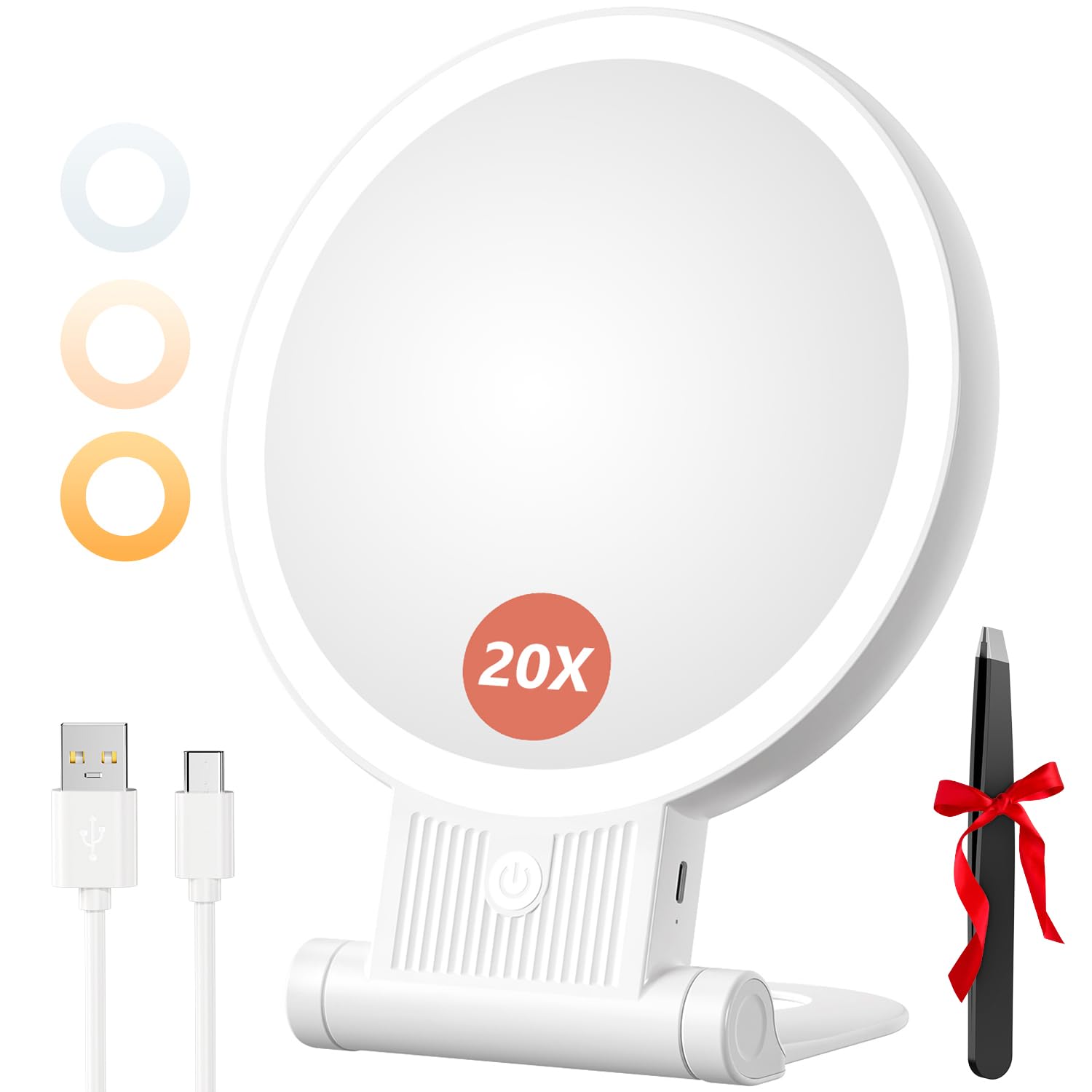 Auxmir 1X/20X Magnifying Mirror with Light, Double Sided Makeup Mirror with Adjustable Folding Handle, 2000mAh Rechargeable Vani