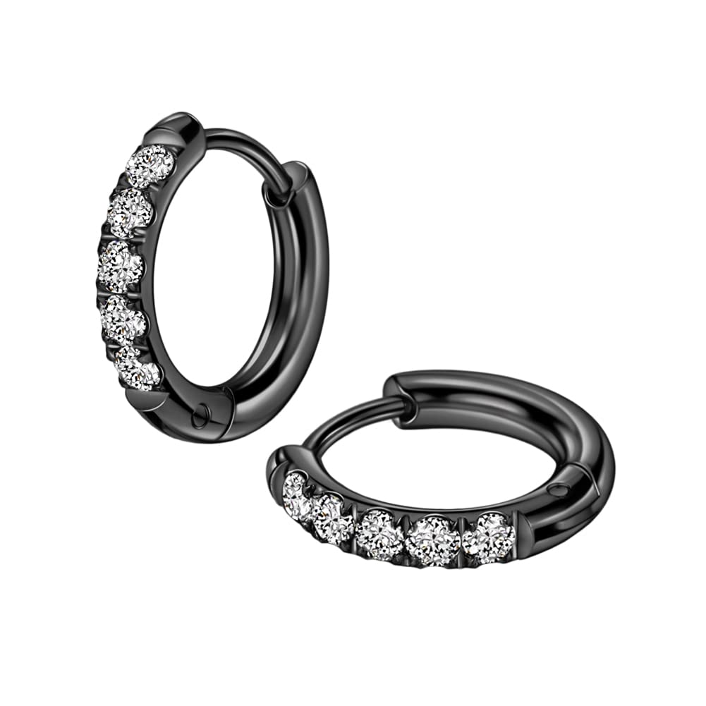 TDEBA 10mm Stainless Steel Hoop Earrings, 10G Black Cubic Zirconia Huggie Earrings for Women & Men, Surgical Steel Earrings, Hyp