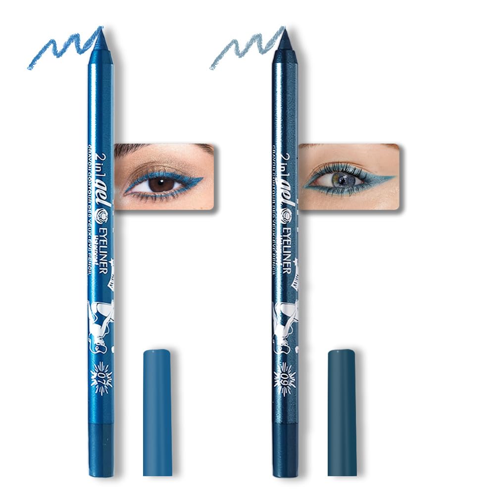 Kaely 2Pcs Sky Blue Chill Blue Pencil Eyeliner,Sharpenable Multi-Use Gel Eyeliner Pencil,Waterproof Smudge Proof Eye Liner Pen,L