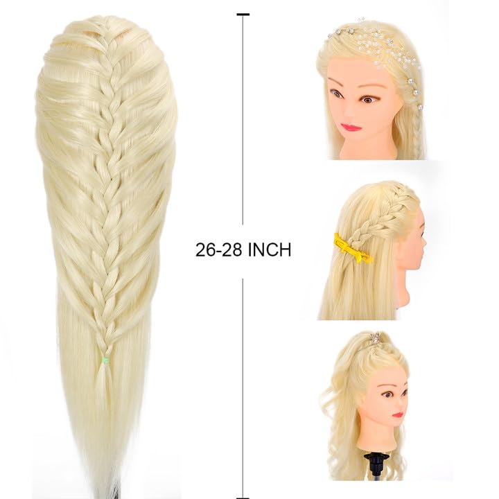 Zomoi 26''-28''Mannequin Head With 80% Real Hair,Cosmetology Mannequin Trainning Head Hairdresser Pratice Doll Head For Hair Sty