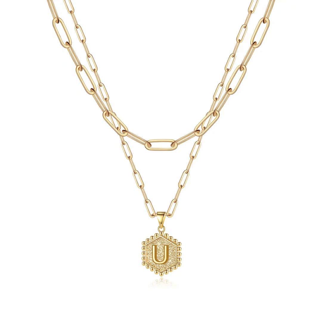 M MOOHAM Dainty Layering Initial Necklaces for Women - Gold Necklaces for Women Trendy Letter Initial U Necklace Choker Necklace