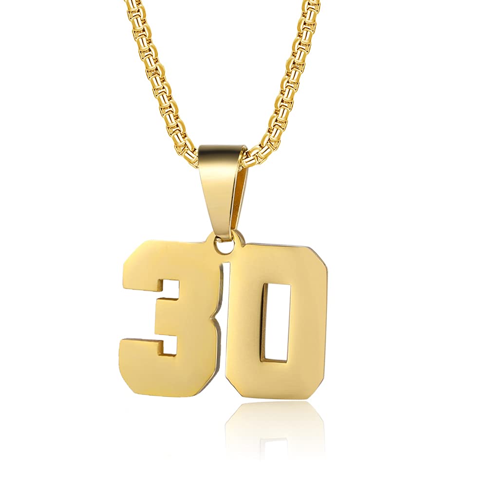 Susook Number Necklaces Personalized 18K Gold Plated Initial Number Pendant Stainless Steel Chain 22+2inch Movement Necklaces for Men Women(30)