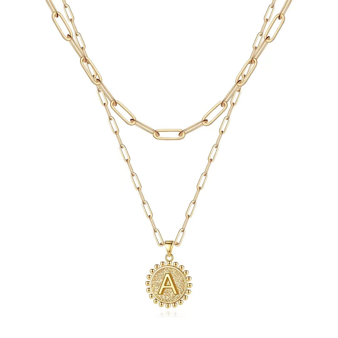 Ursteel Layered Initial Necklace for Women - Gold Plated Dainty Layering Paperclip Chain Necklace for Women Letter A Initial Coi