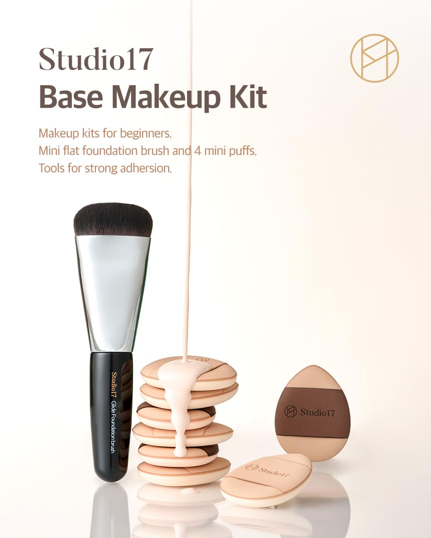 Studio17 Flat Foundation Brush & Small Puff Set | Small Makeup Brush Set with 4 Mini Sized Puffs | Kit for Liquid Foundation Mak
