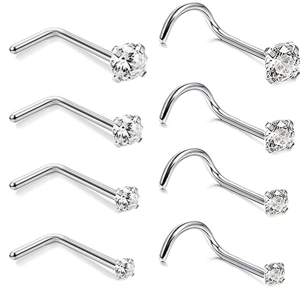 Vitaltyextracts 8pcs 20G Hypoallergenic Nose Screw Studs Round Diamond Surgical Steel Nose Rings Piercing Set