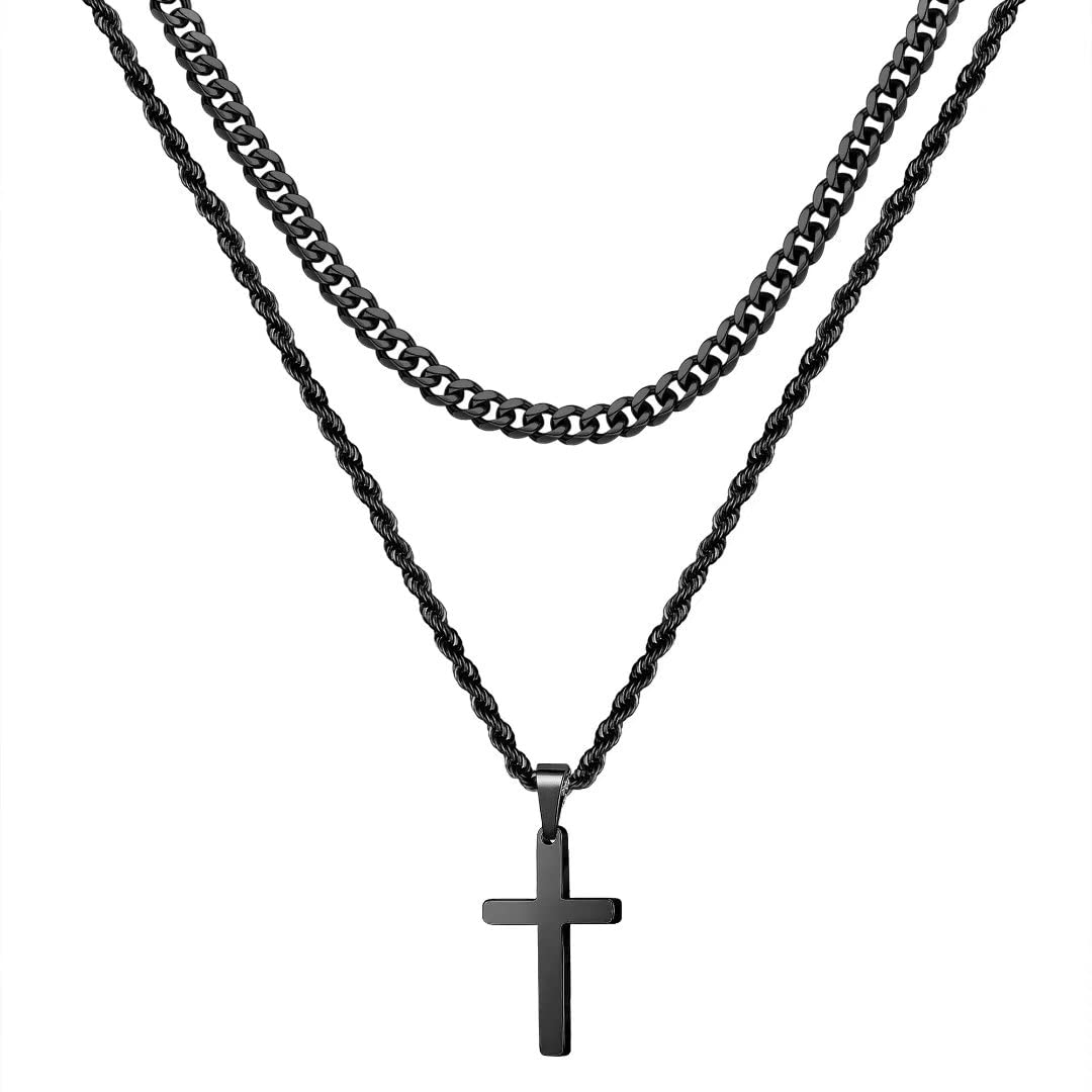 Ursteel Cross Necklace for Men - Black Cross Necklaces Chain for Men Layered Rope Chain Jewelry 22 24 Inch