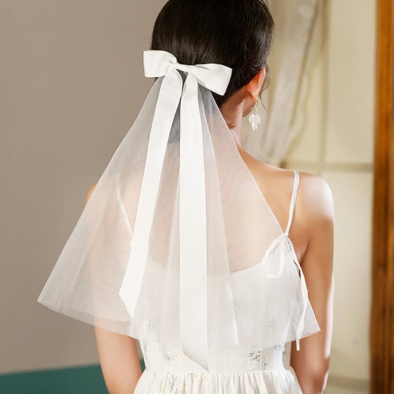 TUCEWP Bridal Veil for Women Girls White Wedding Veil Elegant Tulle Bow Hair Clips Long Big Bridesmaid Veil with Satin Bow Ribbo