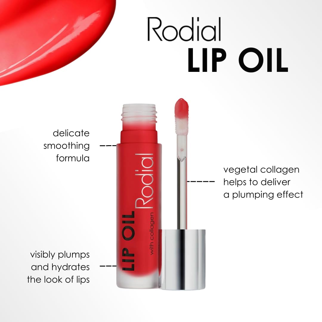 Rodial Plumping Collagen Lip Oil Cherry 0.13Fl.Oz, Vegan Collagen-Infused Lip Oil With Macadamia And Jojoba Oil, Deep Hydration