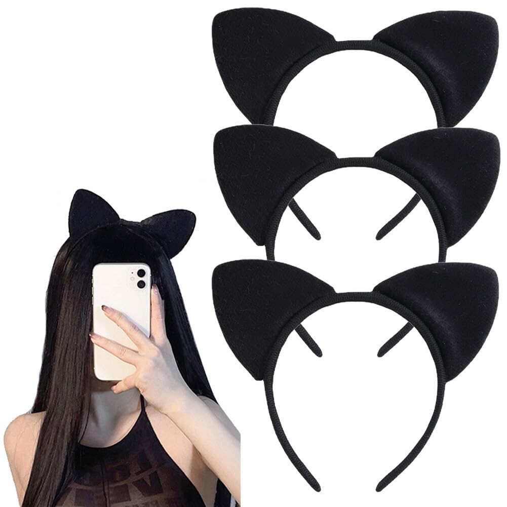 3Pcs Black Cat Ears Headbands Women Soft Padded Cute Ears Hair Hoops Headwear Hair Accessories for Cosplay Party Costume Daily D