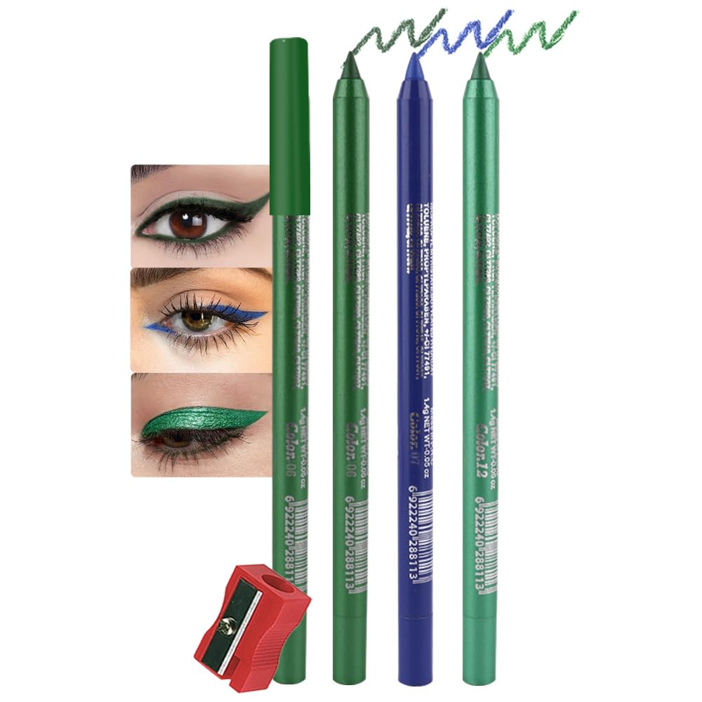 Evpct 3Pcs Shimmer Emerald Green & Shimmer Royal Blue & Shimmer Green Gel Glitter Eyeliner Pencils Set For Women, Waterproof Smu