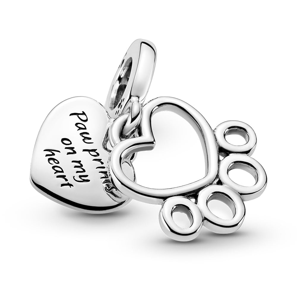 PANDORA Hearts & Paw Print Dangle Charm - Compatible Moments Bracelets - Jewelry for Women - Gift for Women - Made with Sterling