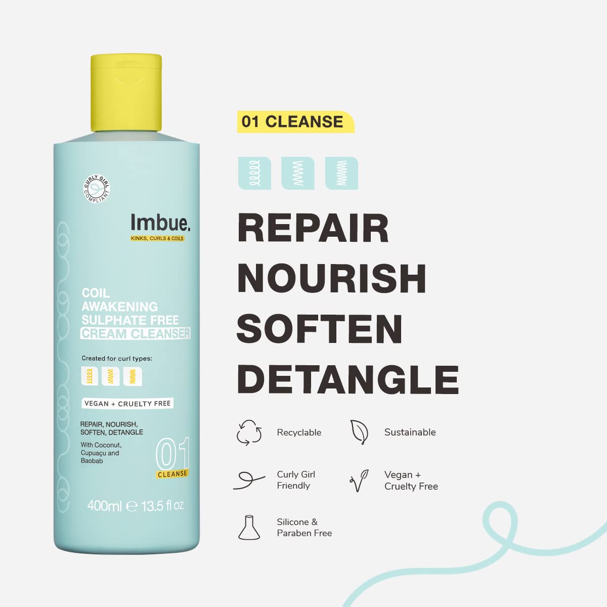 Imbue Coil Awakening Sulphate Free Cream Cleanser Shampoo - Curl Enhancing for 4A-4C Hair - Add Moisture and Hydrate - Curly Gir