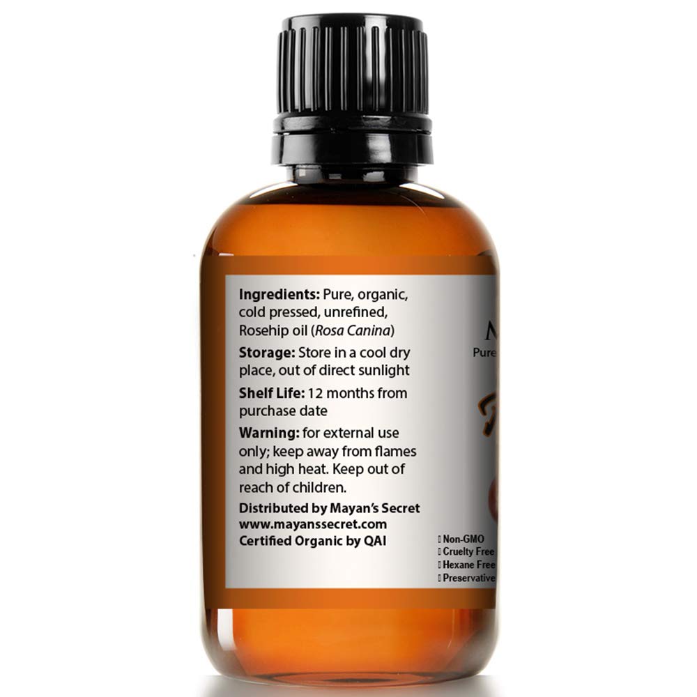 Mayan's Secret Rosehip Seed Oil USDA Certified Organic, Cold Pressed, Unrefined. Reduce Acne Scars. Essential Oil for Face, Nail