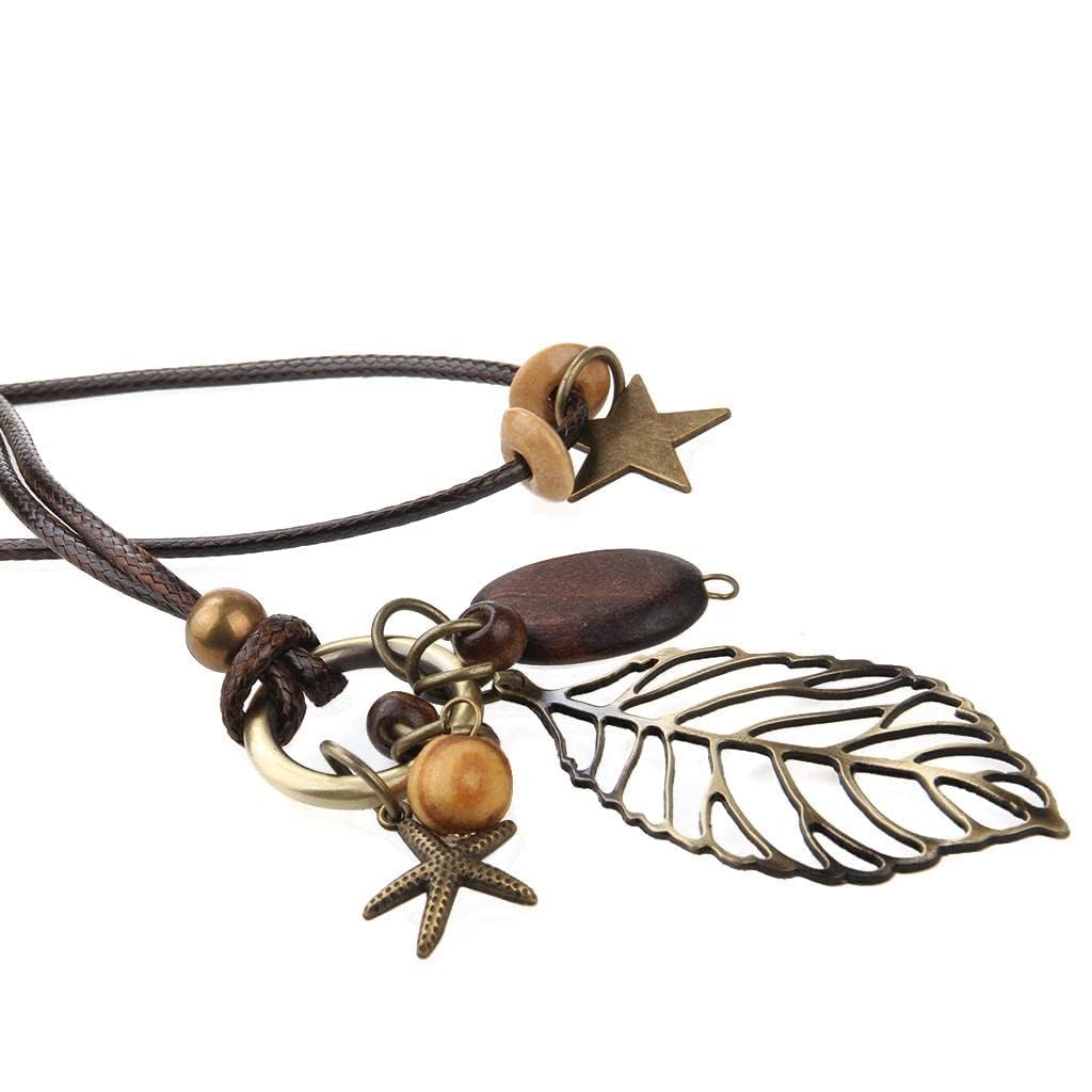 Kawn Boho Long Leaf Pendant Necklace For Women & Girls | 30 Inch Wax Cord Chain | Vintage Filigree Alloy Statement Necklace | Ca