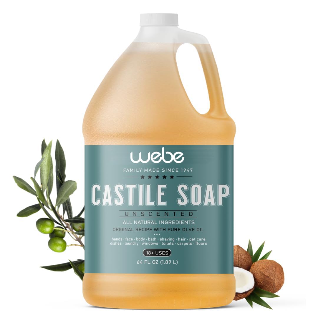 Webe Pure Unscented Castile Liquid Soap Refill, 64 Ounce | Vegan & Gluten Free Non-Gmo, For Face, Body Wash, Dishes, Pets & Laun