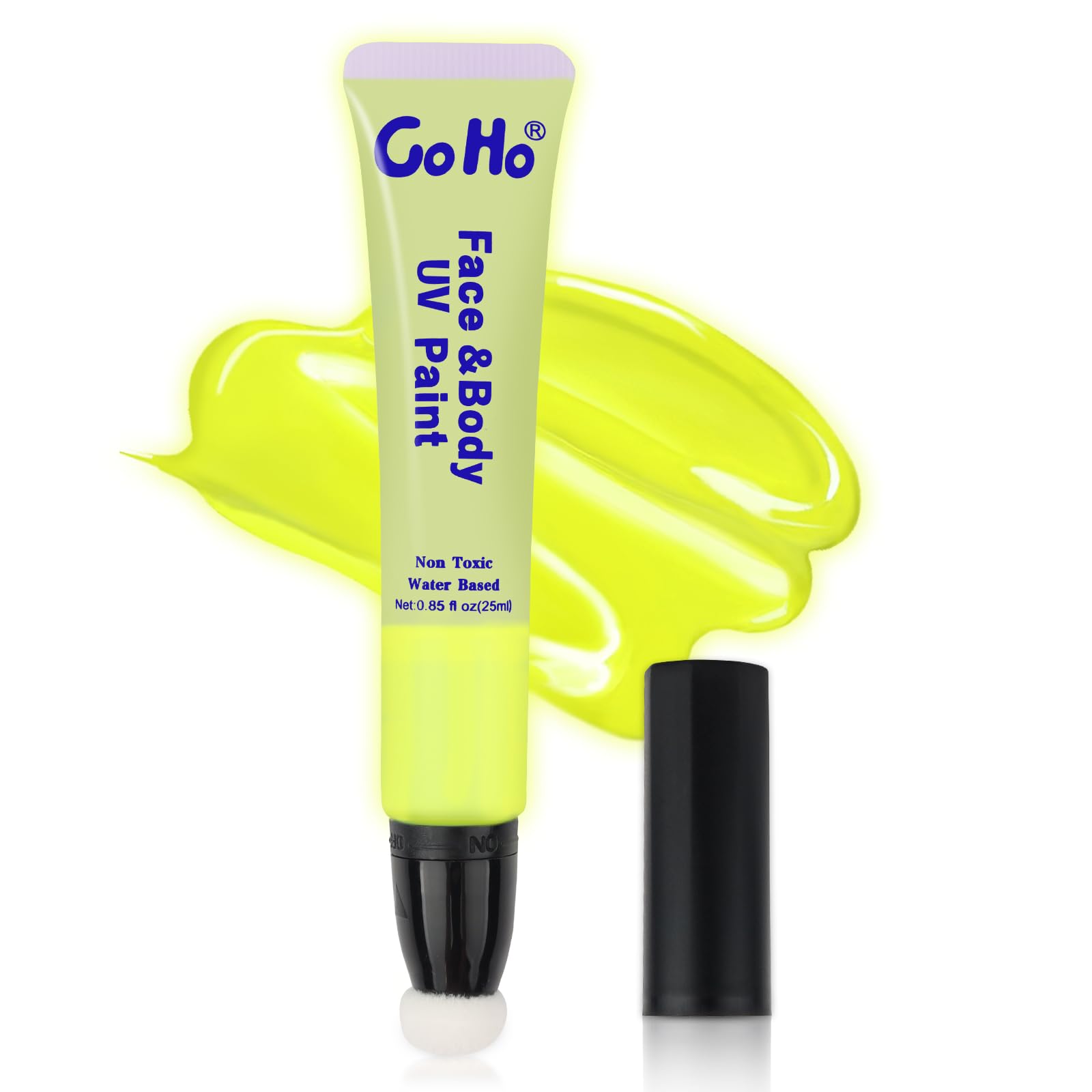 Go Ho Uv Blacklight Neon Yellow Face Body Paint,Water Based Bright Color Neon Fluorescent Body Paint With Cushion Applicator,Glo