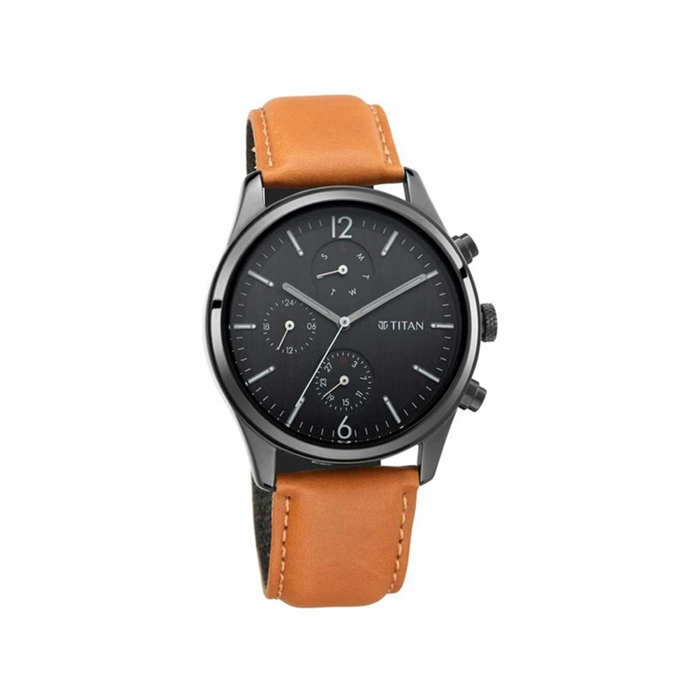 Titan MenS Metropolitan Charm: MenS Multifunctional Black Watch With Leather Strap-Ns1805Nl02, Black, Free Size, Strap