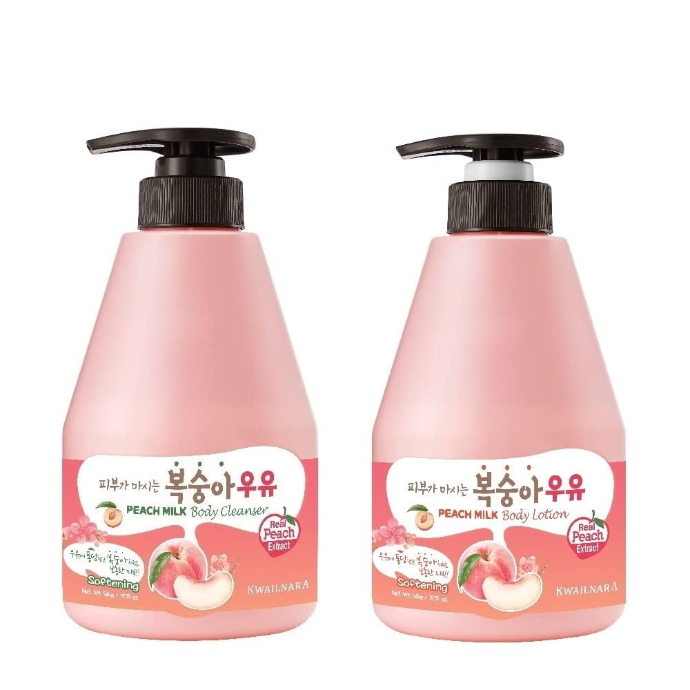 Welcos Kwailnara Peach Milk Body Lotion & Body Wash Set - Hydrating & Nourishing Korean Skincare Set With Peach Extract, 560 G /