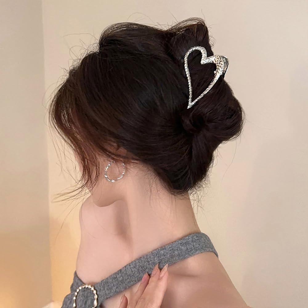 Kolonams Heart Hair Clip, Metal Sliver, Valentine'S Day Hair Accessories, No Slip Heart-Shape Claw For Thick & Thin Hair, 3.14 I