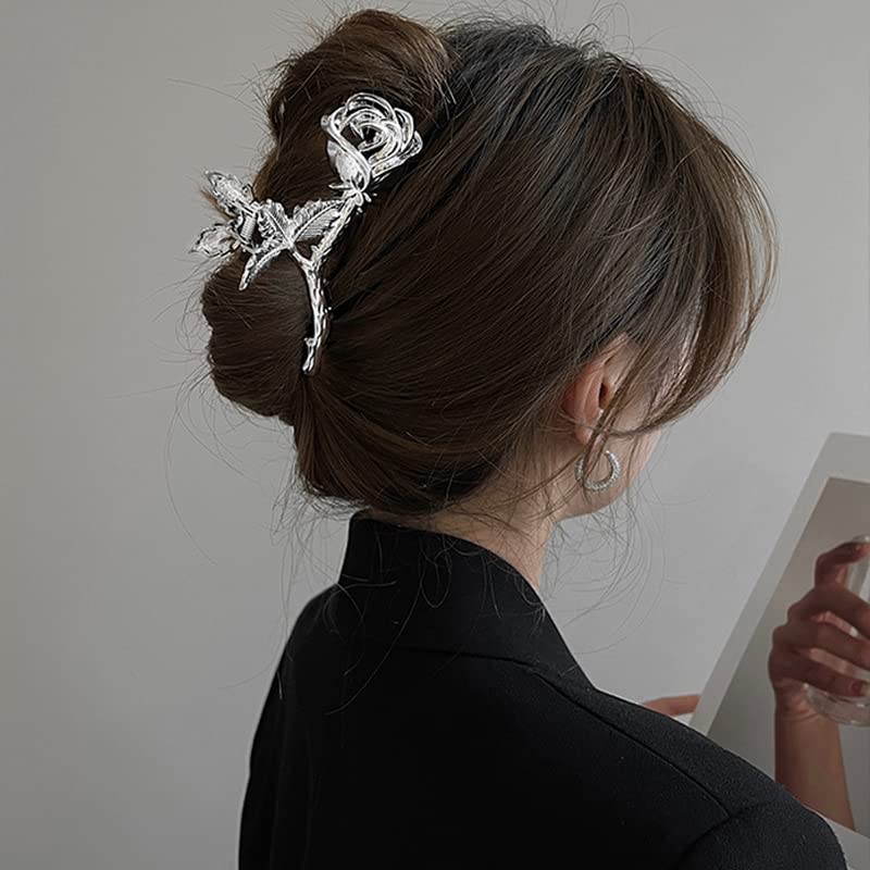 Flower Hair Claw Clips Metal Silver Rose Hair Clips Large Non-Slip Headdress Hair Crab Clip Thick Hair Jaw Clips Hair Strong Gri