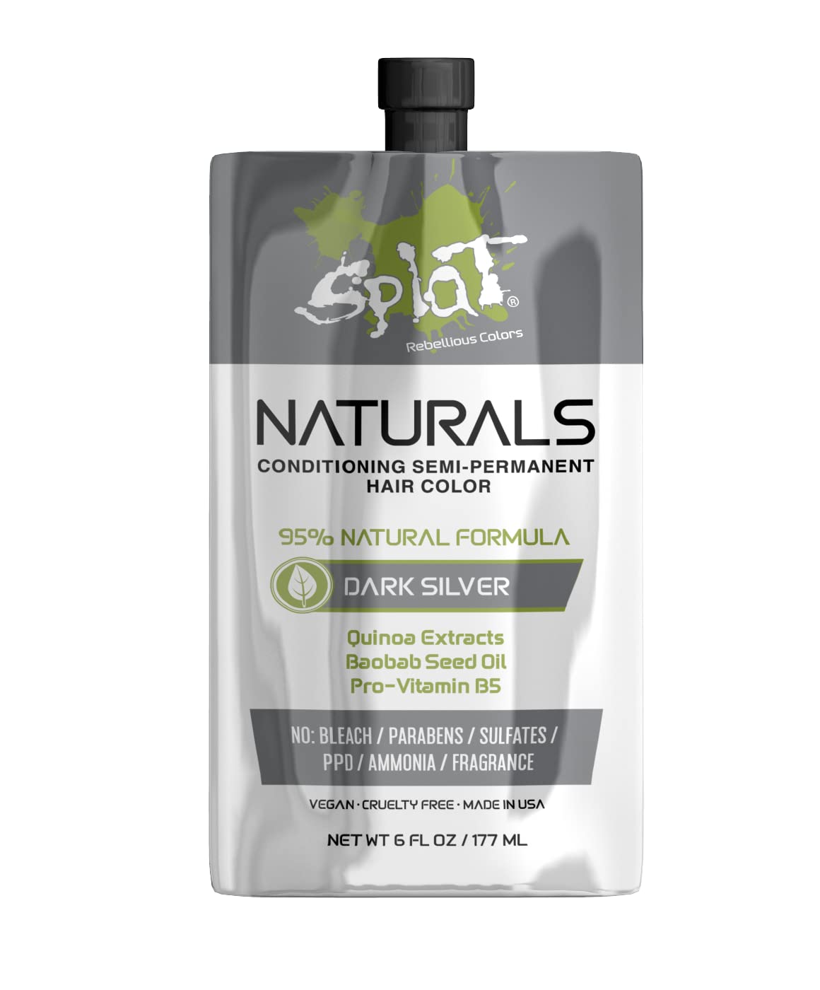 Splat Naturals SemiPermanent Hair Color, Dark Silver, 6 fl. oz., 95% Natural Hair Dye Formula Lasts Up to 30 Washes, Vegan & Cr