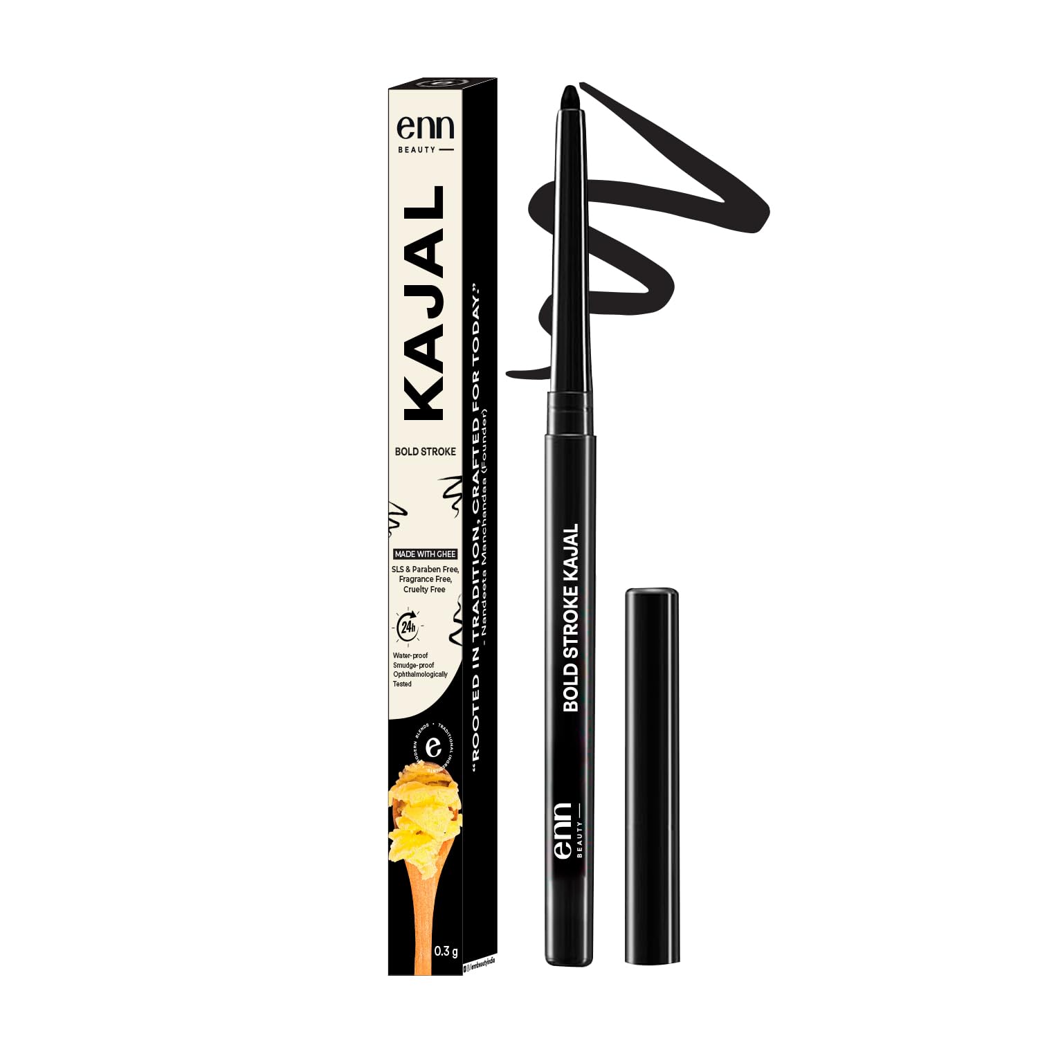 Enn Beauty Bold Stroke Kajal | 24H SmudgeProof & Waterproof | Deep Black LongLasting Retractable Kohl Kajal Pencil For Bold, I