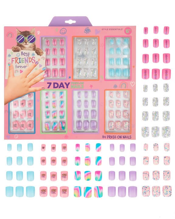 Expressions Girl 7 Day Manicure Collection - 84PC Press On Nail Set, Day-of-The-Week Adhesive False Nails for Girls - Colorful N