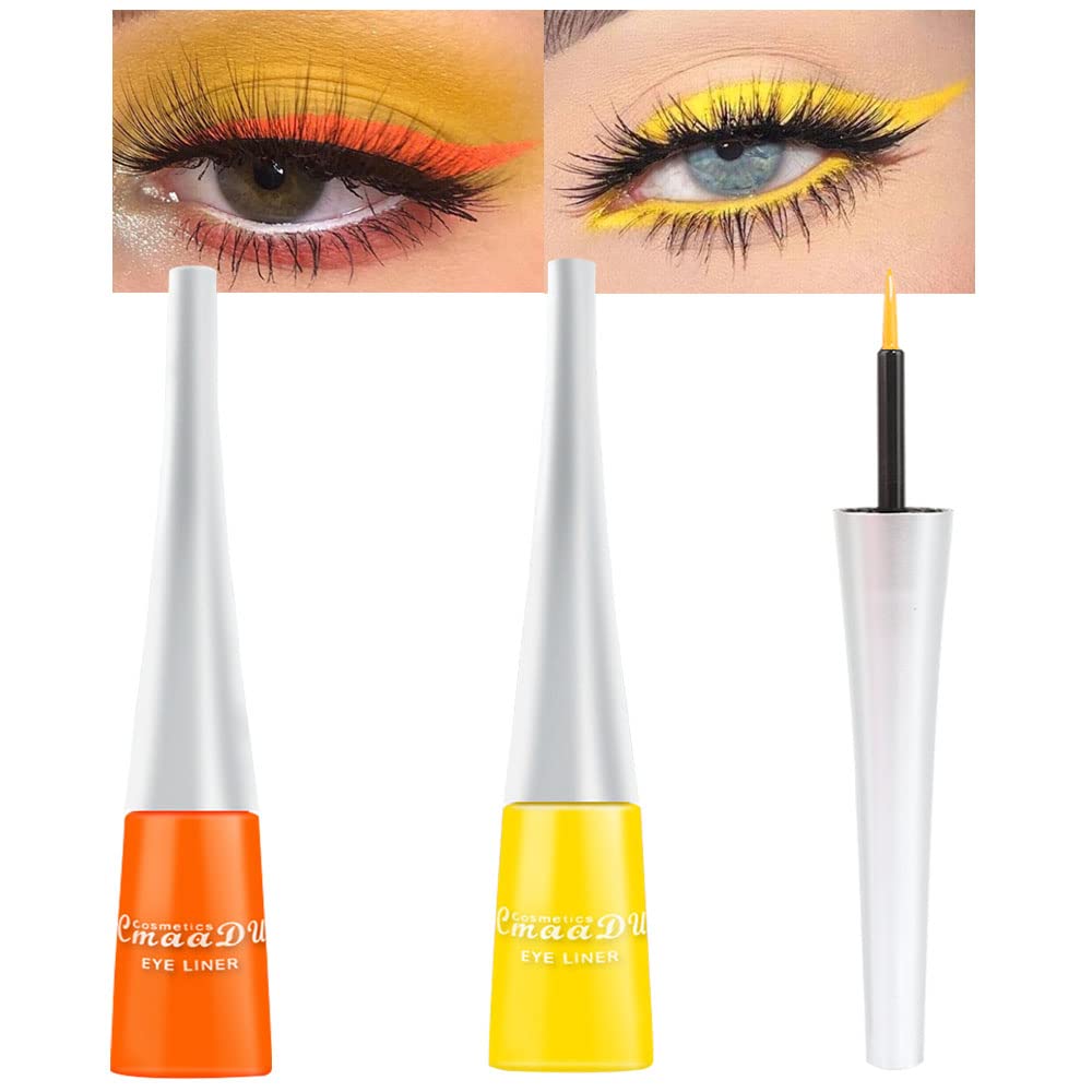 Evpct 2Pcs Orange Yellow Liquid Eyeliner Set Waterproof Neon Orange Yellow Eye Liners Liquid For Women Stamps Shapes For Eyes De