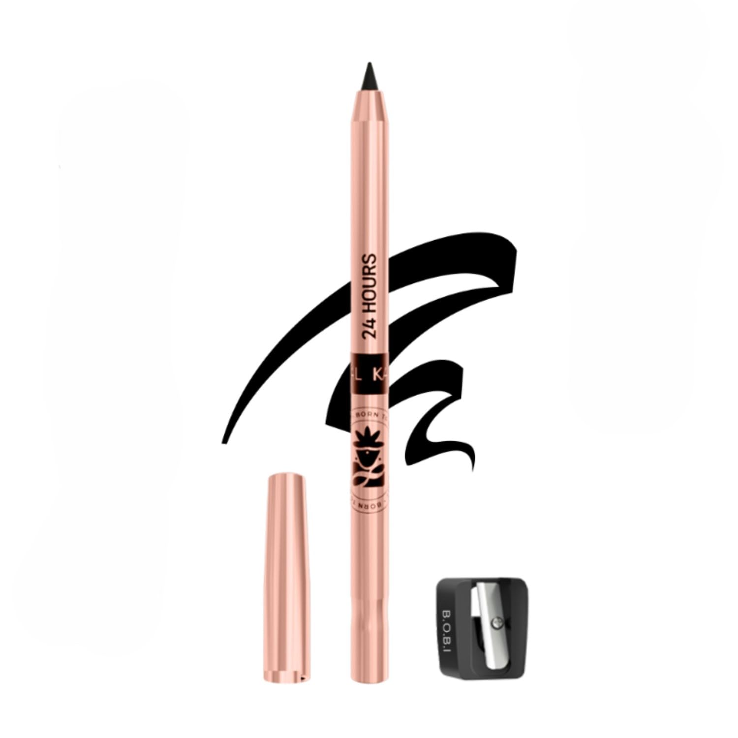 Bobi 24Hour Kajal With Sharpener | LongLasting, SmudgeProof, Matte Finish, Waterproof, Intense Black Bold Look Kohl Pencil | 