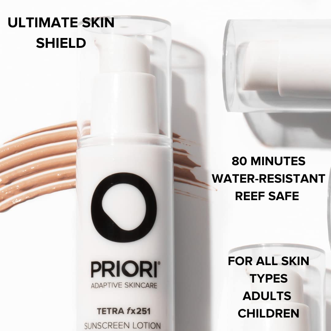 Priori Skincare Tetra Sunscreen Lotion Broad Spectrum SPF 55 Universal Skin Tint, Zinc Oxide Facial Sunscreen, Blue Light Protec