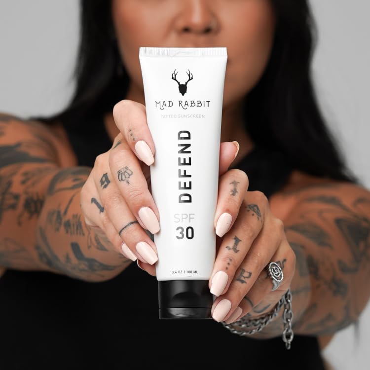 Mad Rabbit Defend Tattoo Sunscreen- SPF 30 100mL Tube- Mineral Sunscreen Lotion - Tattoo Fade Protection and Moisturizer, Anti-A