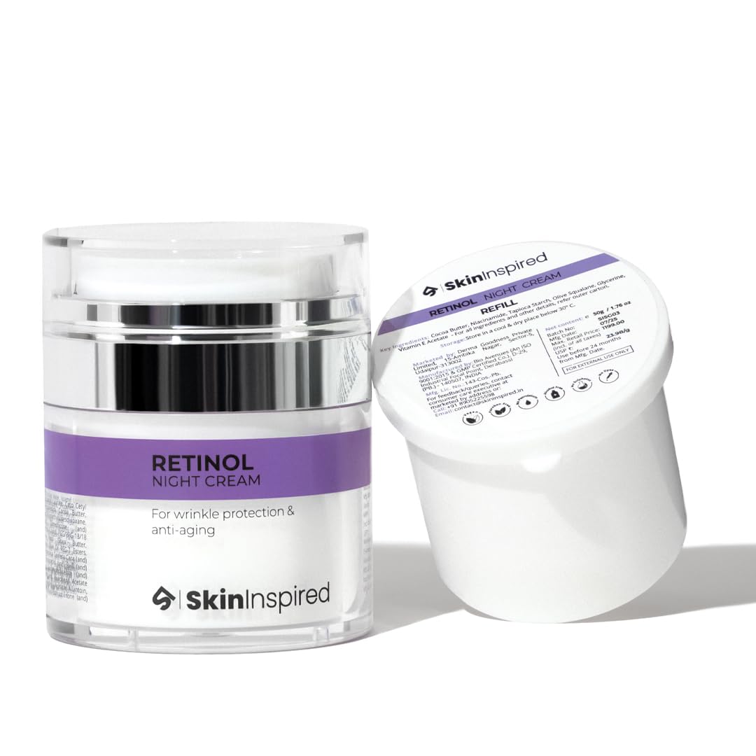 Skininspired Retinol Night Cream + Refill Combo | 0.1% Retinol & Hyaluronic Acid | AntiWrinkle Cream For Women | Night Cream Fo