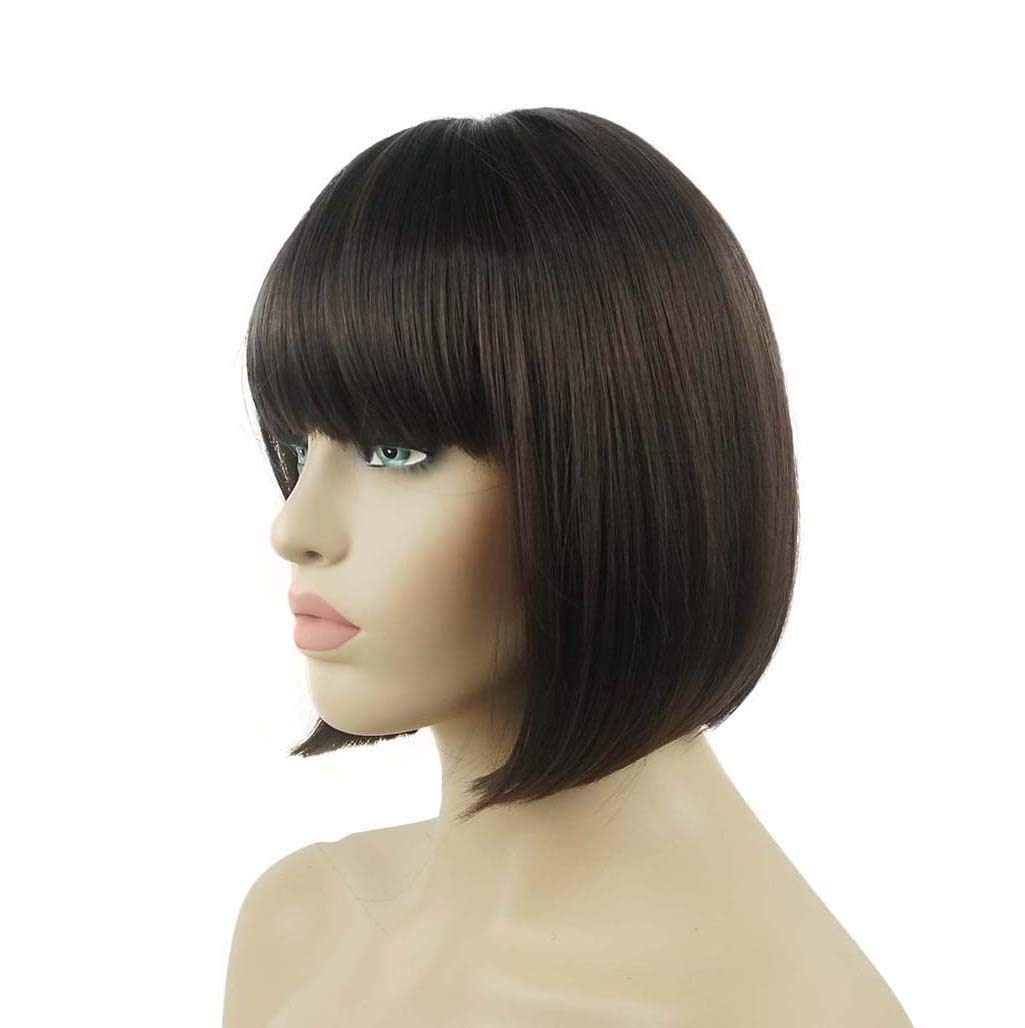 Lydell 8'' Straight Short Bob Hair Flat Bangs Cute Central Dot Skin Top Heat Resistant Synthetic Wigs (6 Chestnut Brown)
