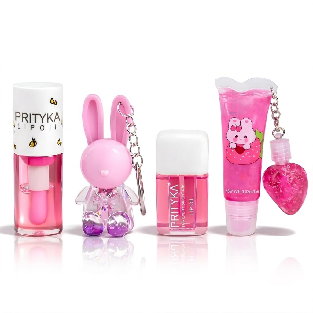 Beauty Korean Lip Gloss Set Of 4 In Tinted Pink With Rabbit Keychain, 2In1 Tube, Liquid Oil And Swiss Pink Tint Combo, Cute Dail