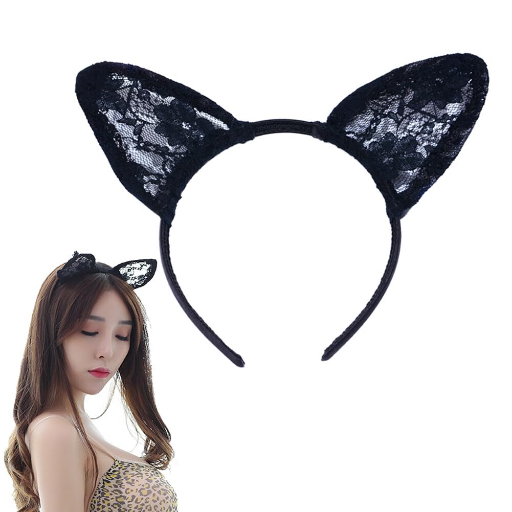 Happyupcity Black Plastic Lace Cat Ears Headband Woman Sexy Cute Fancy Dress Cat Hairband Headwear Hair Accessories for Cosplay 