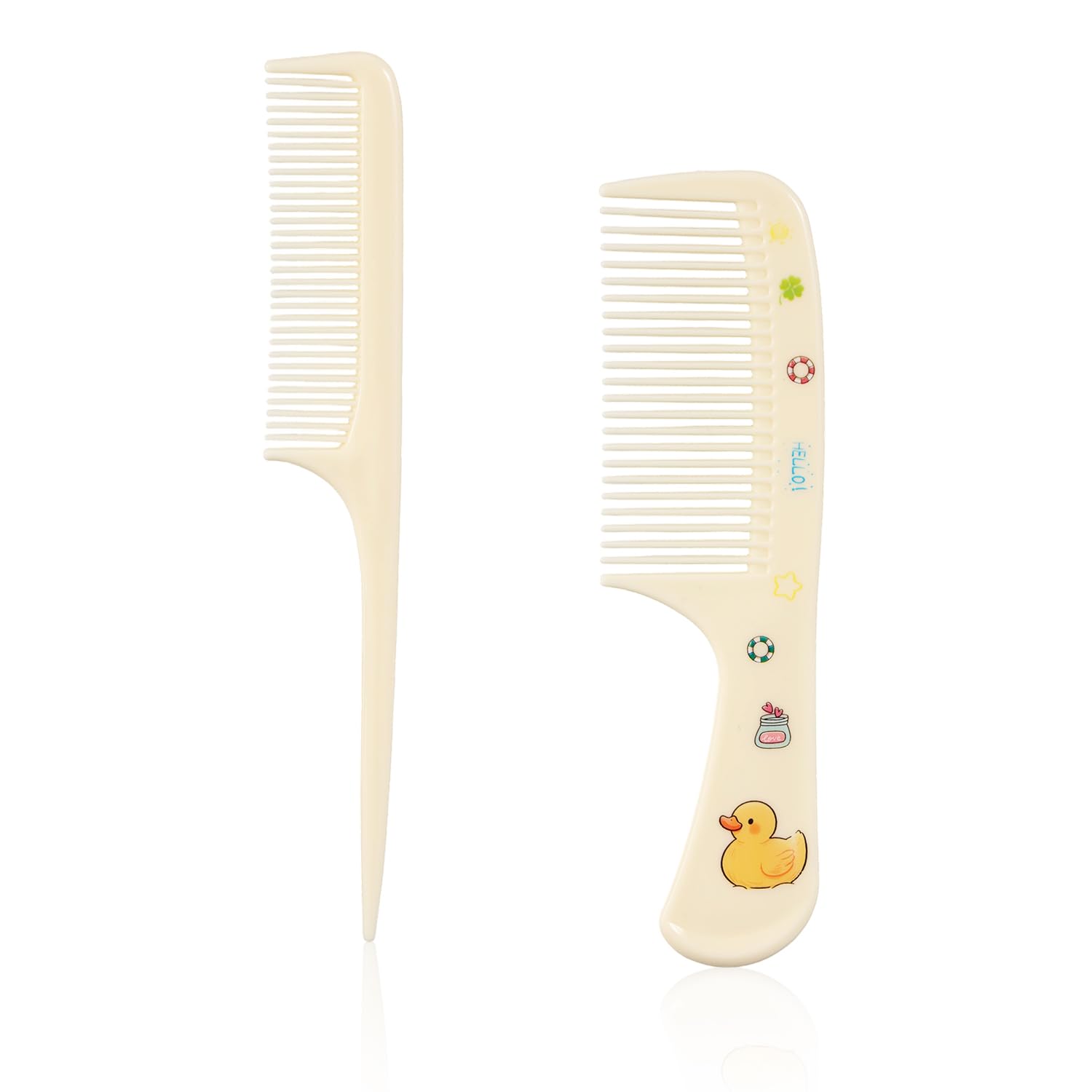 2pcs Plastic Hair Combs Set, Include 1 Fine Tooth Comb with Adorable Duck Patterns & 1 Rat Tail Hairbrush Mini Comb Set for All 
