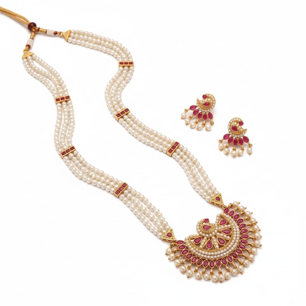 Aaiku Traditional Maharashtrian Tanamani Moti Necklace With Pair Of Earrings Set For Women & Girls Adjustable Jewelry Long 30 In