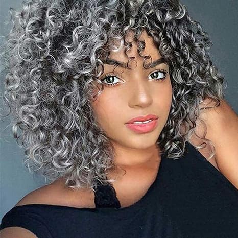 rosmile Curly Wigs for Black Women - Ombre Gray Synthetic African American Full Kinky Curly Afro Hair Wig with Bangs