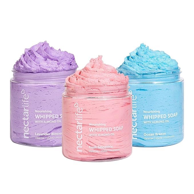 Nectar Life Whipped Soap and Shave Butter with Almond Oil, 5 Oz Each, 3 Scents - Lavender Blossom, Fruit Smoothie, Ocean Breeze