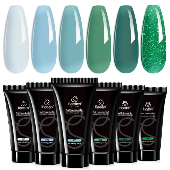 Beetles Poly Nail Gel Kit: 6 Colors Forest Adventure Poly Nail Kit Grey White Dark Green Glitter Blued Poly Extension Gel for Na