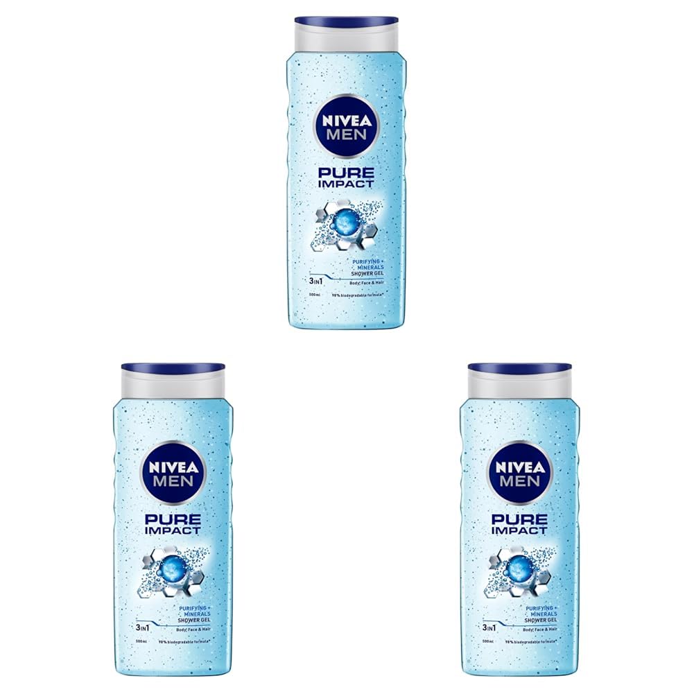Nivea Men Pure Impact Shower Gel, 500Ml, (Hair, Face & Body Wash) (Pack Of 3)