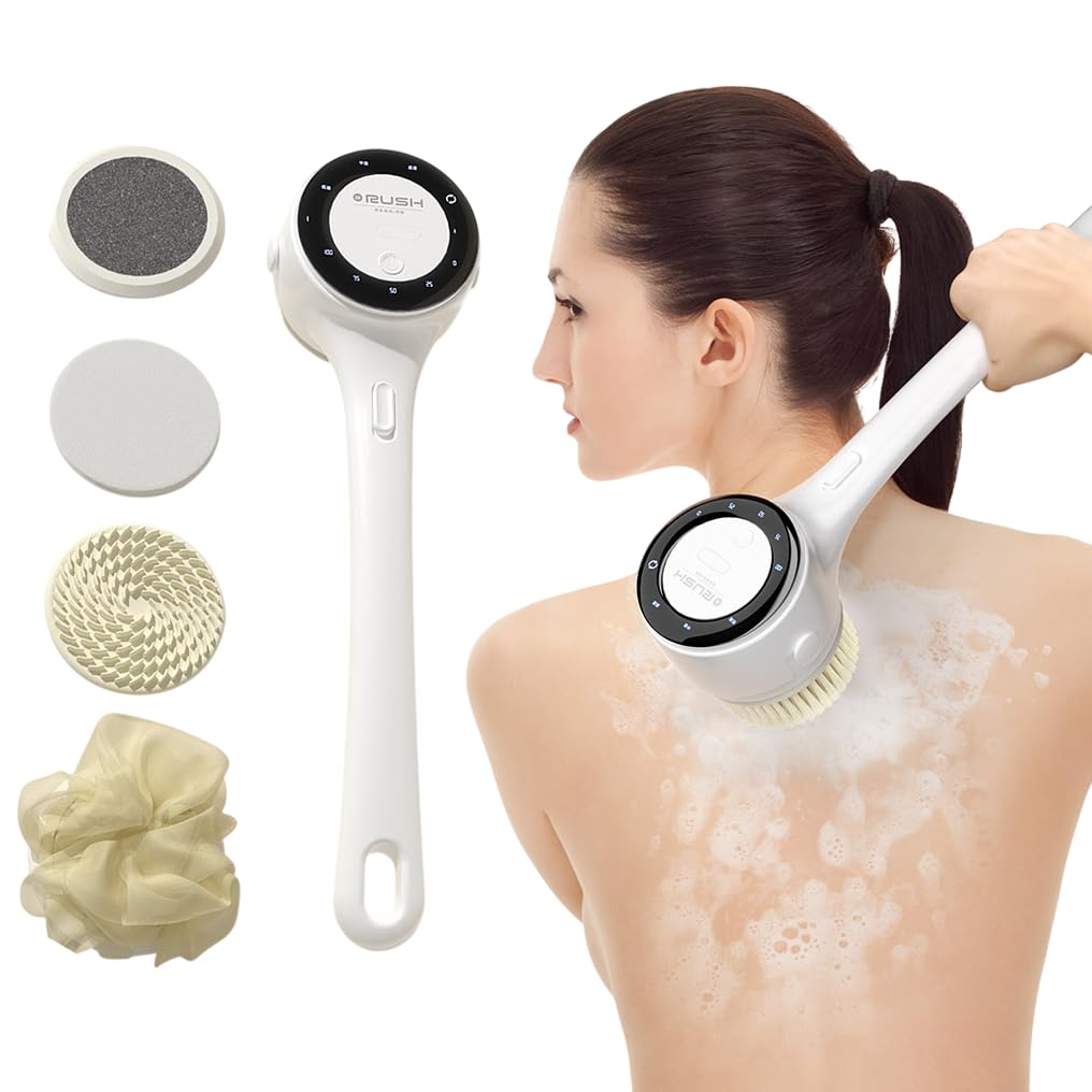 Electric Body Brush Back Scrubber for Shower, Waterproof Long Dual Handle Power Body Scrubber with 5 Heads, Bath Brush 3 Speeds,