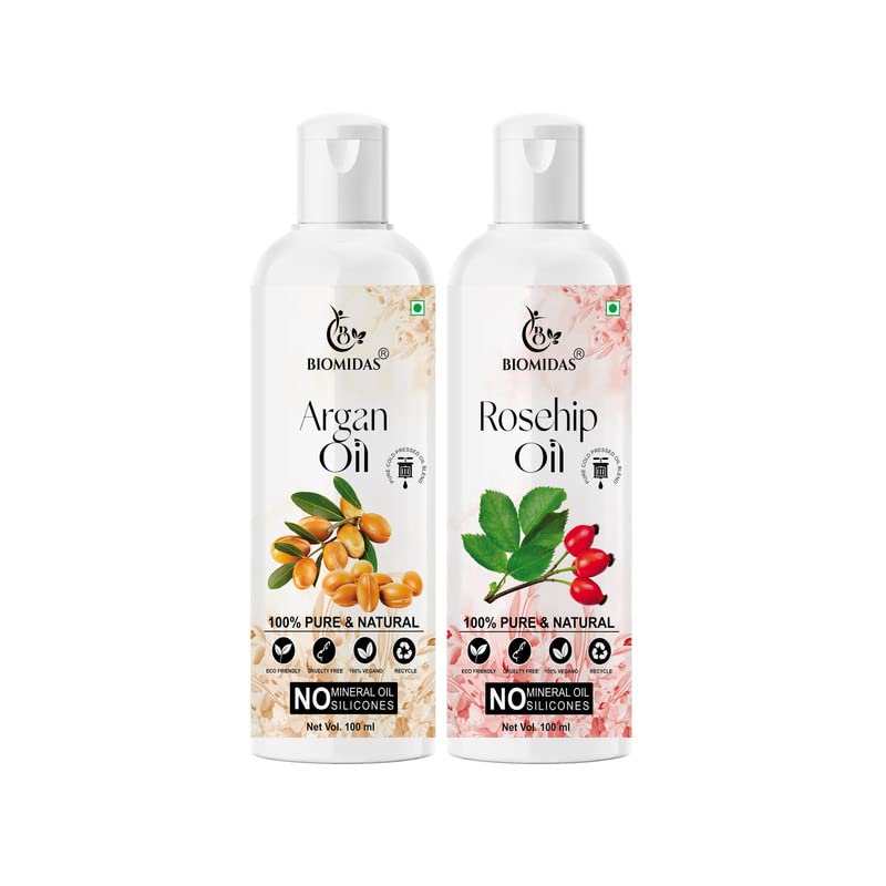 Biomidas 100% Pure Argan Oil 100Ml & Rosehip Oil 100Ml Combo For Rapid Hair Growth, Anti Hair Fall, Split Ends & Promotes Softer