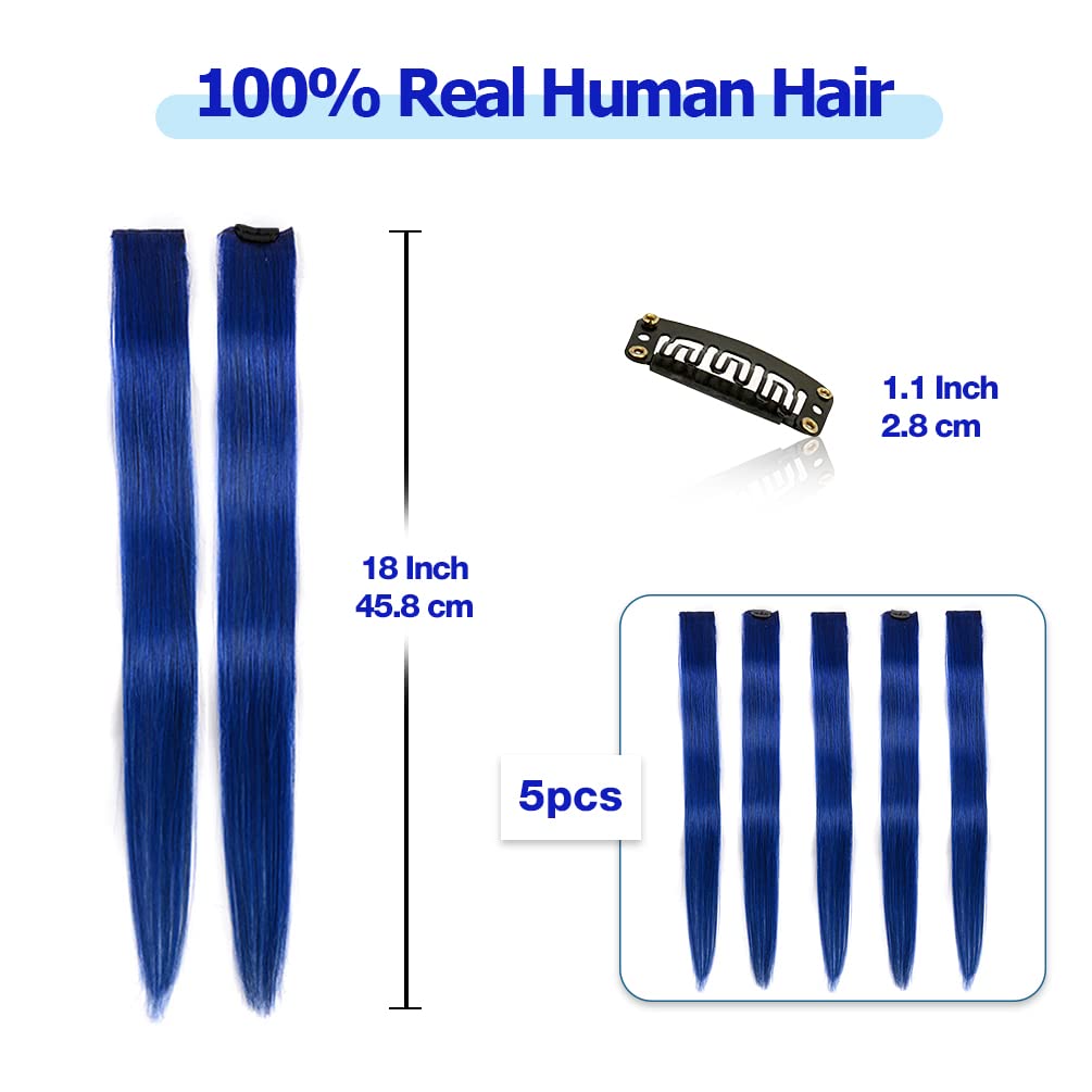 Winsky Blue Clip In Hair Extensions 100% Real Human Hair - Straight Highlights Colored Clip On Christmas Hairpieces 5 Pieces/Set