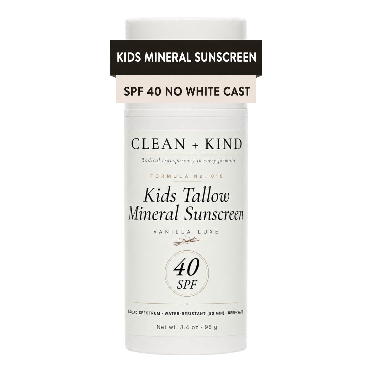Clean + Kind Kids Tallow Sunscreen SPF 40 Mineral Vanilla No White Cast