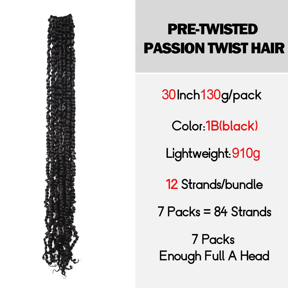 Wudas Long Passion Twist Hair 30 Inch Pre-Twisted Crochet Hair Natural Black Pre-Looped Synthetic Crochet Braids (7 Packs,1B)
